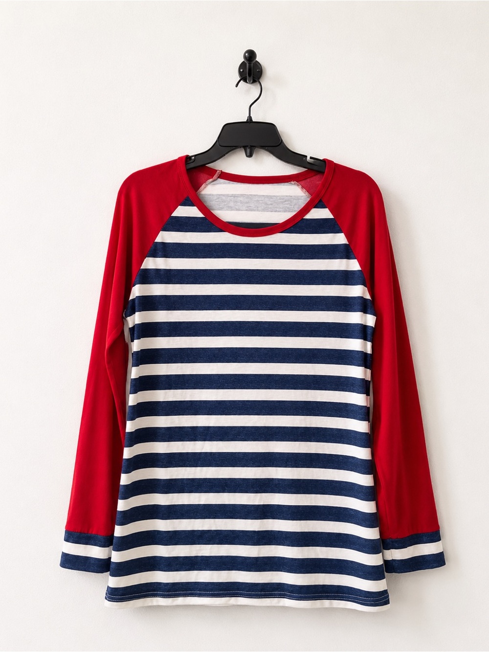 Striped Navy & White Raglan Top with Red Sleeves